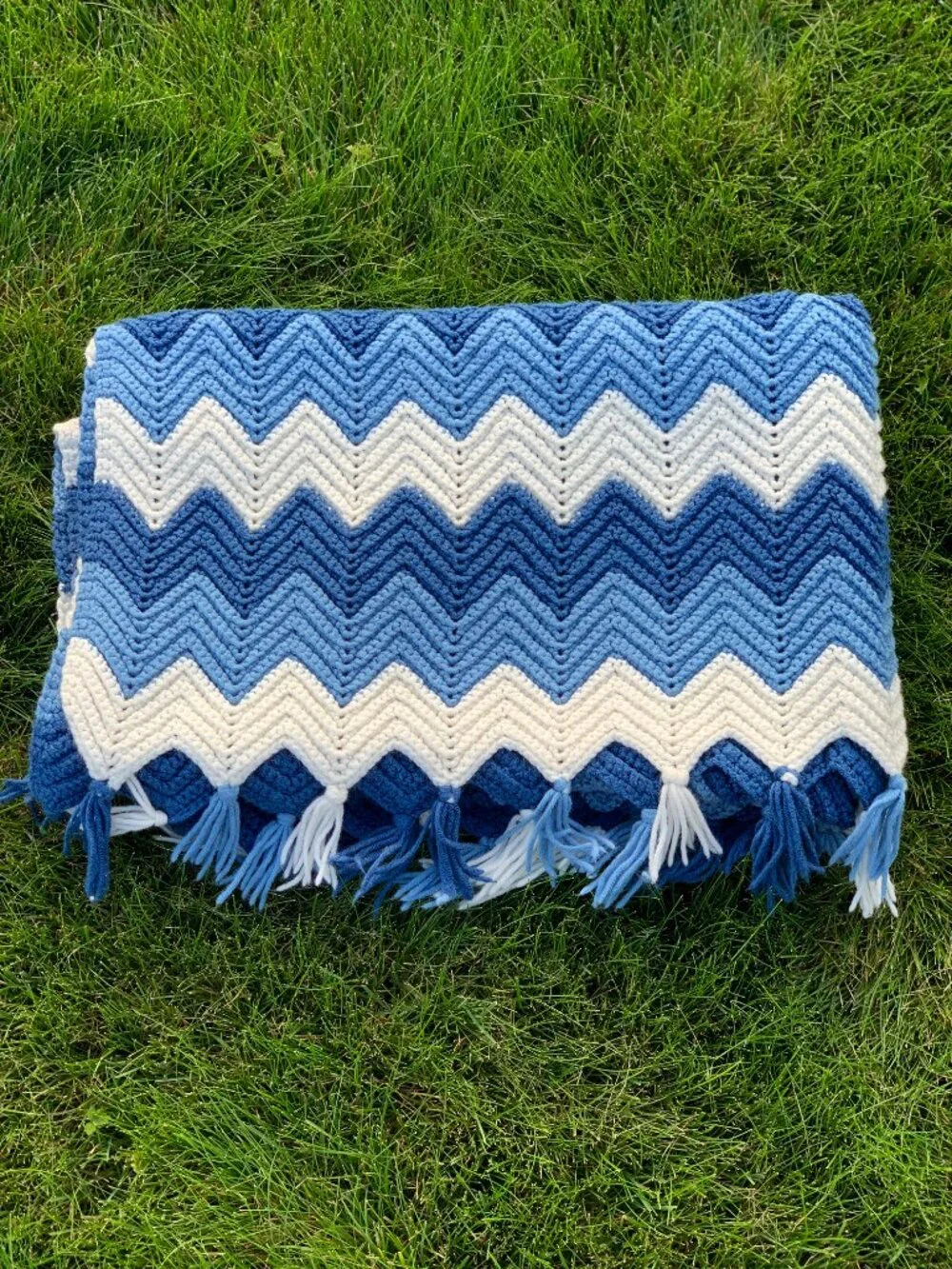 Vintage 80s Crochet Afghan Blue Chevron Hand Knit Wool Throw Boho Retro Blanket
